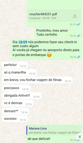 Print de conversa de cliente no WhatsApp da Viaje Bem