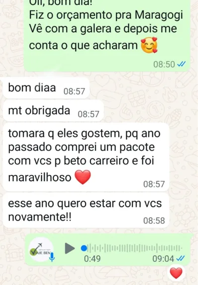 Print de conversa de cliente no WhatsApp da Viaje Bem